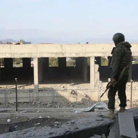 epa08780687 A view of damaged medical center after allegedly Azerbaijani shelling in Stepanakert in Nagorno-Karabakh, 28 October 2020. Armed clashes erupted on 27 September 2020 in the simmering territorial conflict between Azerbaijan and Armenia over the Nagorno-Karabakh territory along the contact line of the self-proclaimed Nagorno-Karabakh Republic (also known as Artsakh). EPA-EFE/VAHRAM BAGHDASARYAN /PHOTOLURE