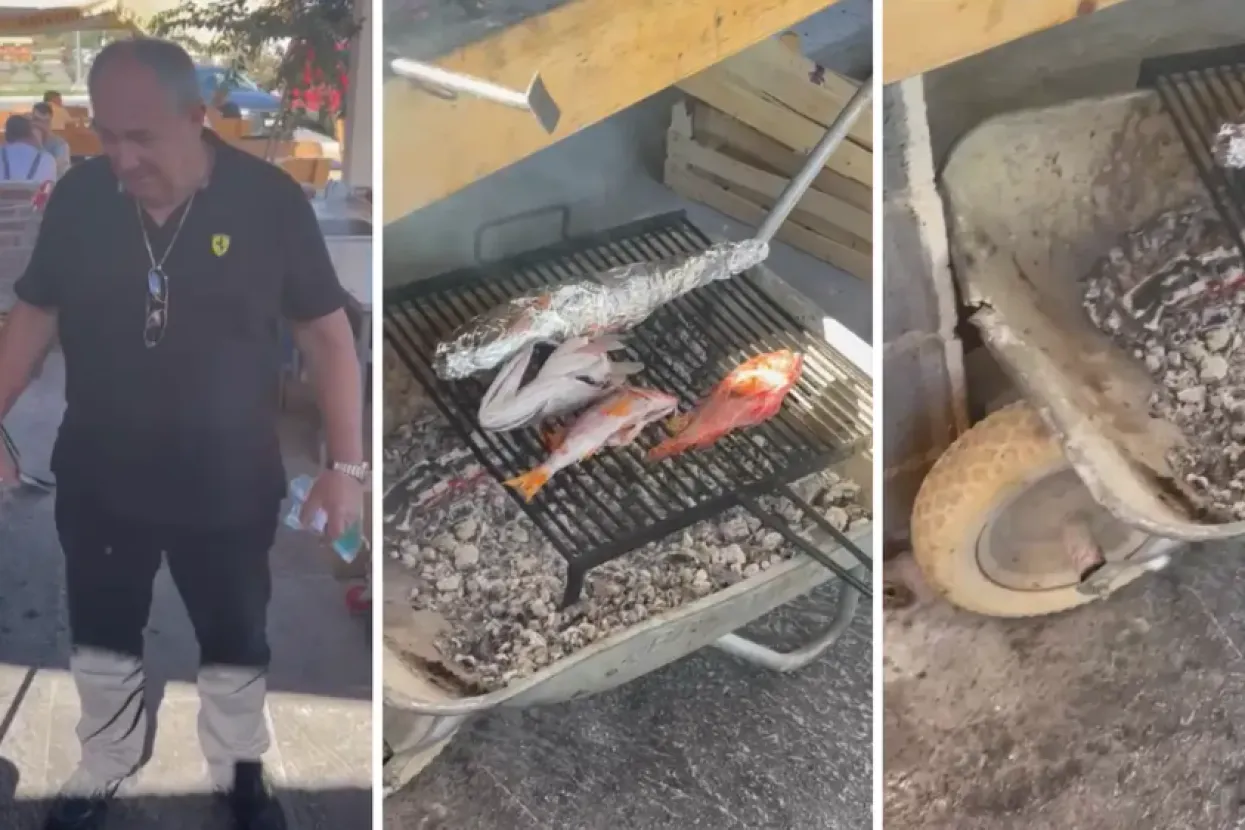 Kerum peče ribu u građevinskim kolicima