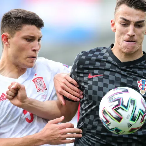 31.05.2021., stadion Ljudski vrt, Maribor, Slovenija - UEFA Europsko U21 prvenstvo, cetvrtfinale, Spanjolska - Hrvatska. Jorge Cuenca, Petar Musa Photo: Sanjin Strukic/PIXSELL