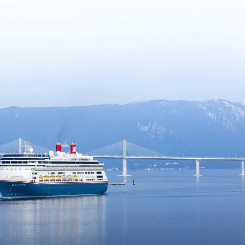 23.06.2022., Neum - Kruzer Bolette u neumskom akvatoriju nakon prolaska ispod Peljeskog mosta. Photo: Milan Sabic/PIXSELL