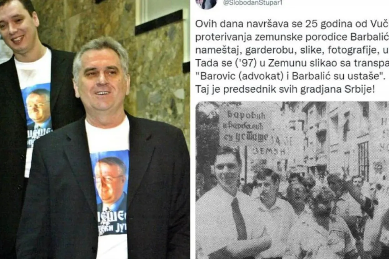 Aleksandar Vučić i Tomislav Nikolić s fotografijom Vojislava &Scaron;e&scaron;elja na majici (lijevo), Vučić ispred stana obitelji Barbalić