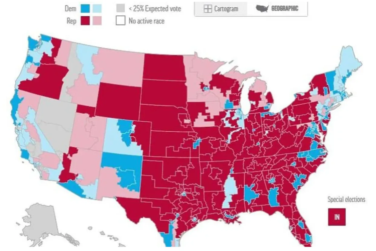 Republikanci - crveno, Demokrati - plavo