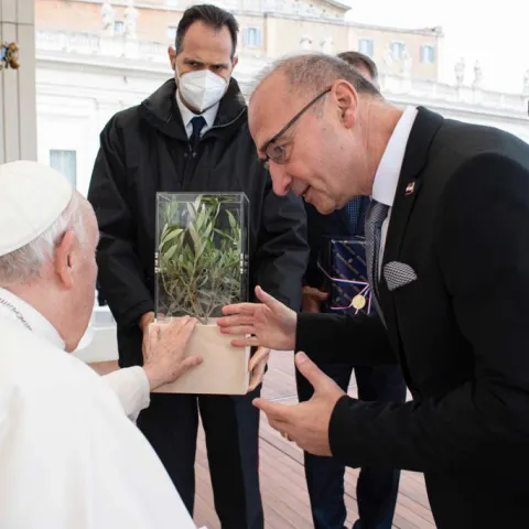 Rim, 9.11.2022.- Ministar vanjskih i europskih poslova Gordan Grlić Radman, ministrica turizma i sporta Nikolina Brnjac i saborska zastupnica Marijana Petir sudjelovali su na općoj audijenciji pape Franje. Na slici papa Franjo i Gordan Grlić Radman.