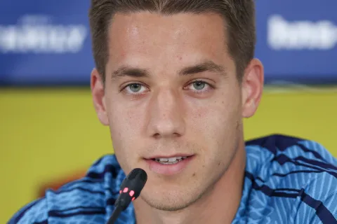 Doha, 29.11.2022 - Konferencija za medije Hrvatske nogometne reprezentacije u trening kampu Al Ersal 3 u Dohi. Na slici Marko Pašalić.