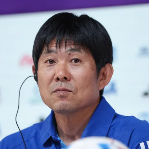 Doha, 04.12.2022 - Službena tiskovna konferencija Japanske nogometne reprezentacije u Qatar National Convention Centru u Dohi pred sutra&scaron;nju utakmicu osmine finala protiv Hrvatske. Na slici izbornik Hajime Moriyasu