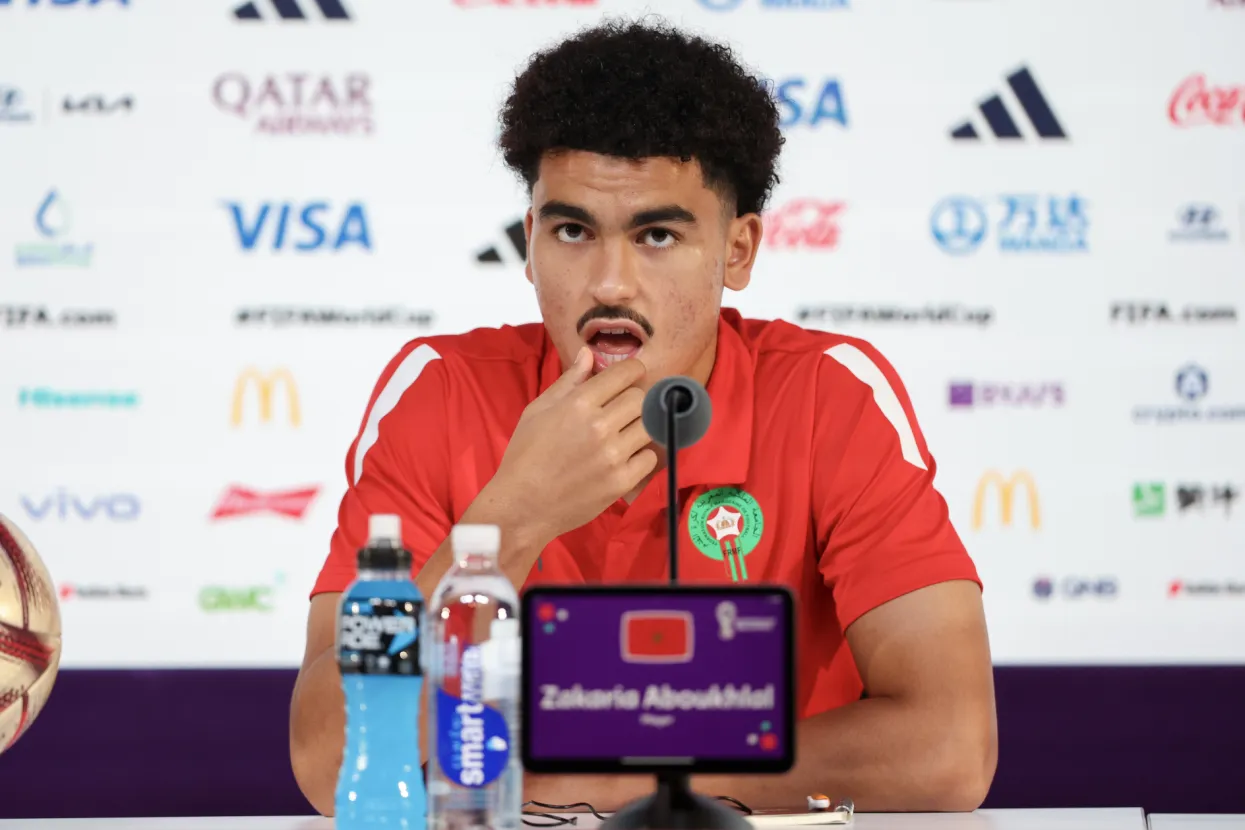 Doha, 16.12.2022 - Službena tiskovna konferencija Maroka pred sutra&scaron;nju utakmicu za treće mjesto na Svjetskom nogometnom prvenstvu Katar 2022. Na slici igrač Zakaria Aboukhlal.