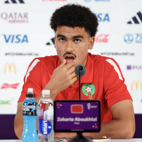 Doha, 16.12.2022 - Službena tiskovna konferencija Maroka pred sutra&scaron;nju utakmicu za treće mjesto na Svjetskom nogometnom prvenstvu Katar 2022. Na slici igrač Zakaria Aboukhlal.