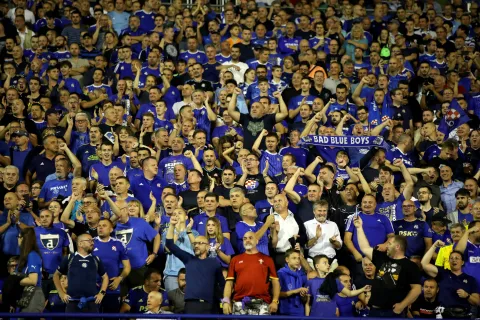 Zabreb, 24.08.2022 - Uzvratna utakmica 4. pretkola nogometne Lige prvaka GNK Dinamo - FC Bodo/Glimt. Na fotografiji navijači Dinama.
