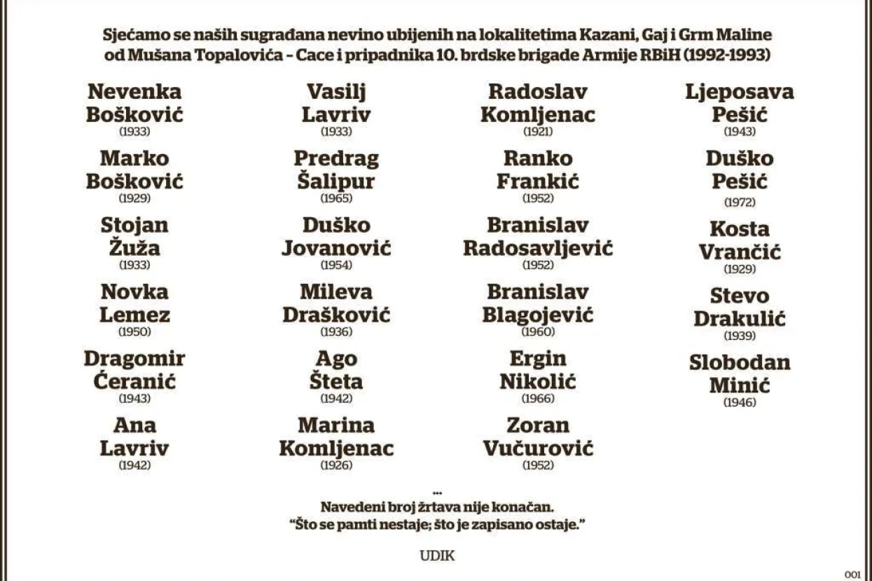 UDIK o 31. godišnjici zločina na Kazanima: Bez iskrenog suočavanja sa zločinima nema ni pomirenja 